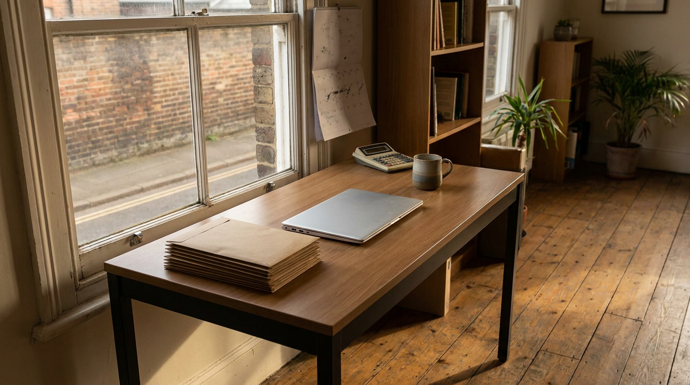 A quiet office desk at the end of the month, with a stack of envelopes and a calendar